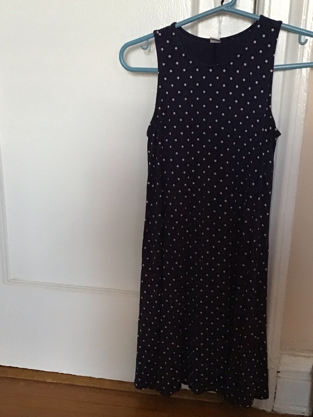 Sleeveless Navy Blue and White Polka Dot Mini Dress